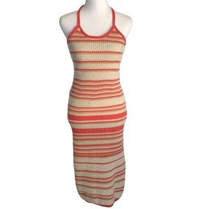 Freshman 1996 Womens S Crochet Halter Midi Long Dress Coral Tan Ivory Stripe